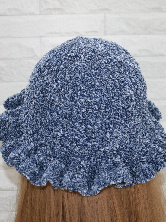 HAND CRAFTED Hat Crochet Bucket Chenille Winter Full Ruffle Blue Marled main image 14